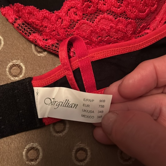 Virgillian Bra and Panty Set 34B With Small Bottom Soft Black Fabric & Red Lace - Picture 6 of 9